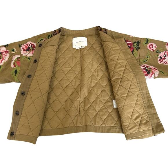 Anthropologie Needlepoint Floral Bomber Jacket Size 2XS Petite Khaki Beige Twill - Picture 3 of 7